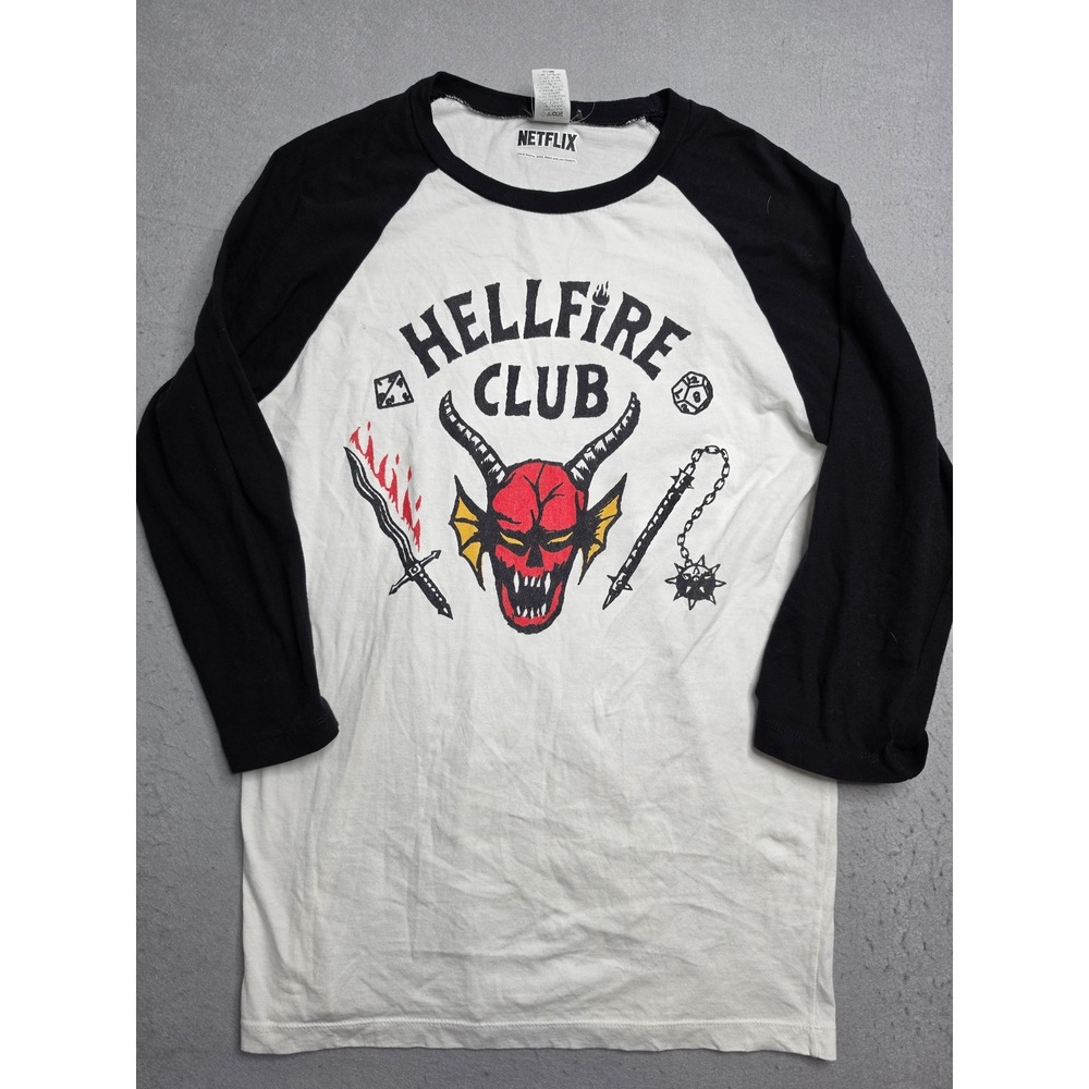 Netflix Shirt Men's S White Stranger Things Hellfire Club Graphic Raglan Sleeve